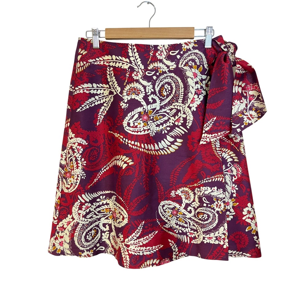 TALBOTS  Silk Paisley Faux Wrap Skirt 6P Burgundy Bow Preppy Office Academia